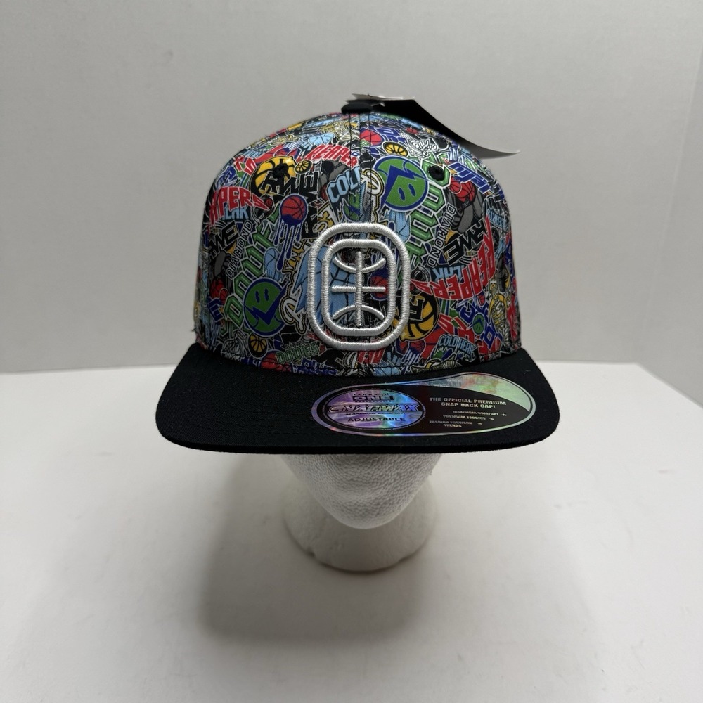 Overtime Snapback Hat Multicolor Printed Crown Black Flat Brim Adjustable NWT